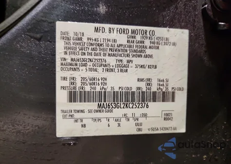 2019 Ford Ecosport Se из США, поврежденный, VIN MAJ6S3GL2KC252376